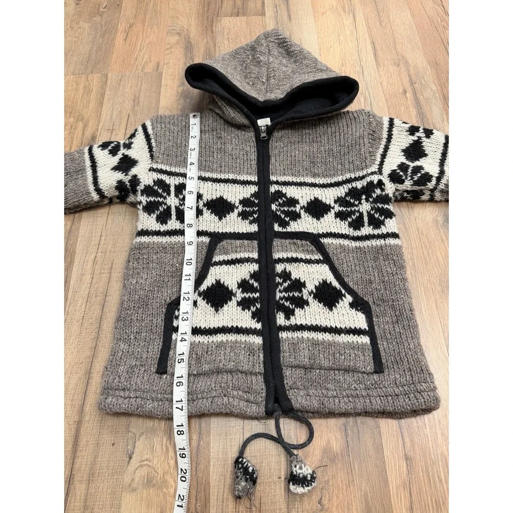 Handmade 100%‎ Wool Zip Up Hoodie Andean Sweater Gray Nepal Size L